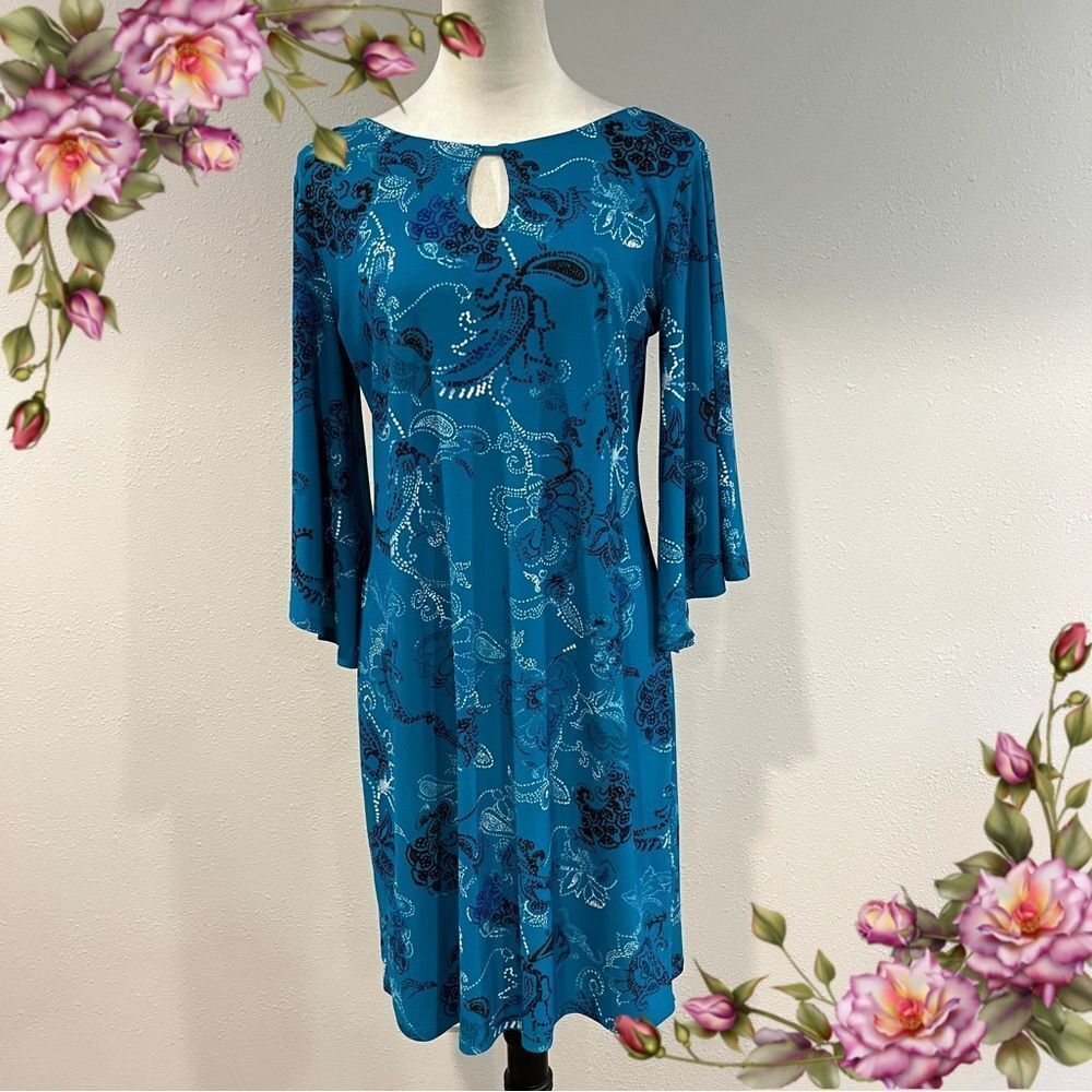 Dana Buchman Blue Teal knee length Dress with Bell Sleeves size small